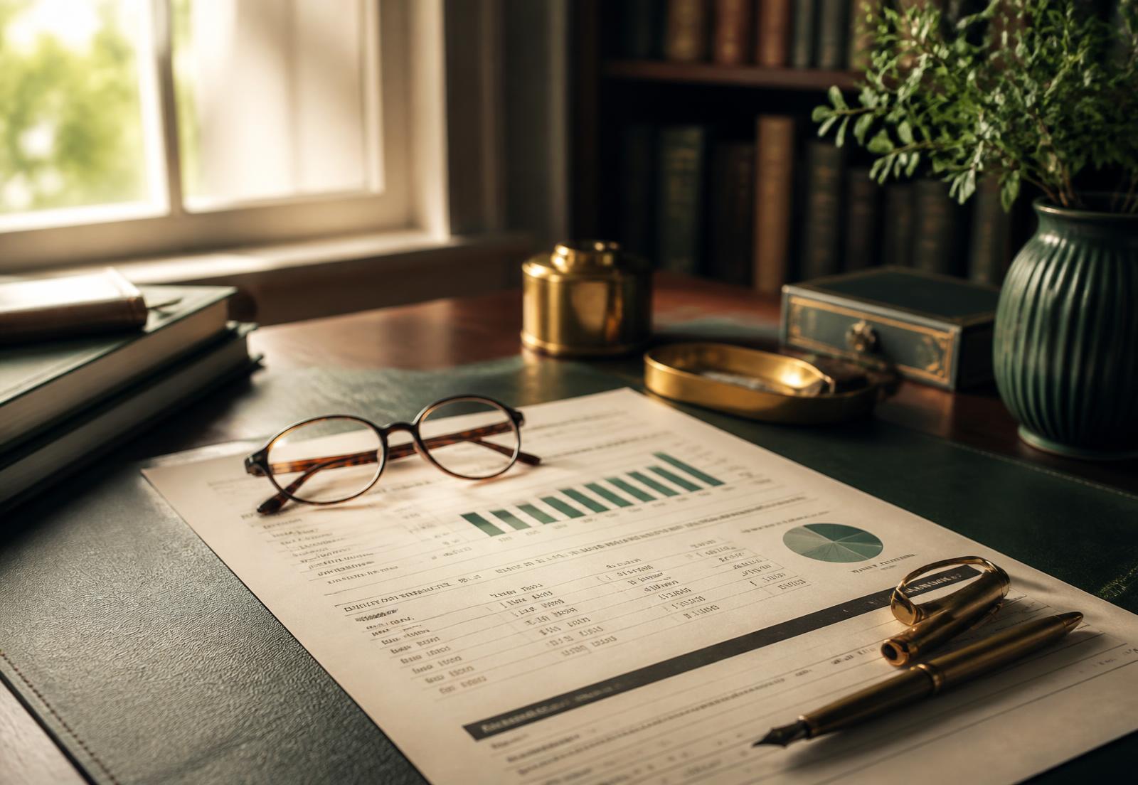Retirement income statement, reading glasses and a fountain pen on a desk in a sunlit study